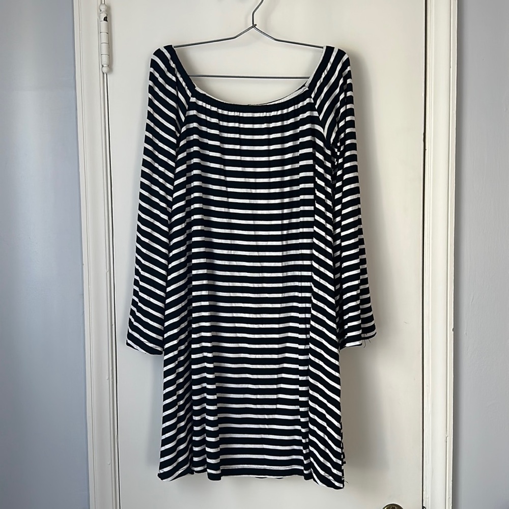 Off the shoulder black & white striped dress with bell sleeves